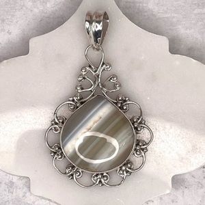 Banded Botswana Agate Teardop Pendant Grey White